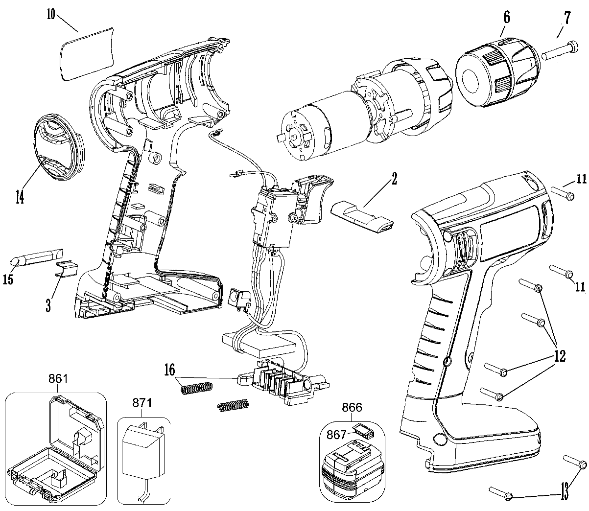 Default Diagram and Parts List for CDC9600KB Type 1 Black and Decker Boring Machine